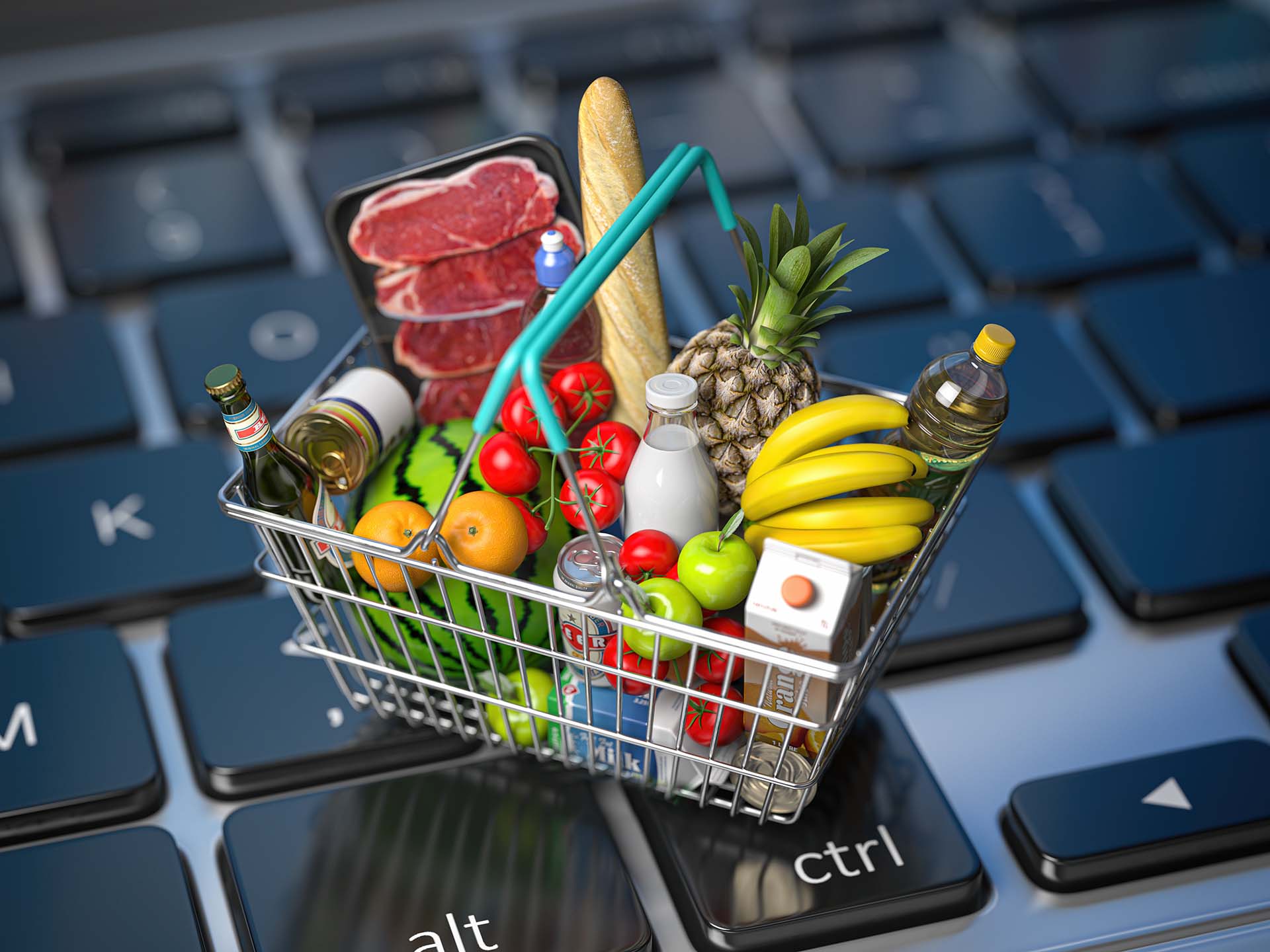 Grocery food buying online and delivery concept. Shopping basket